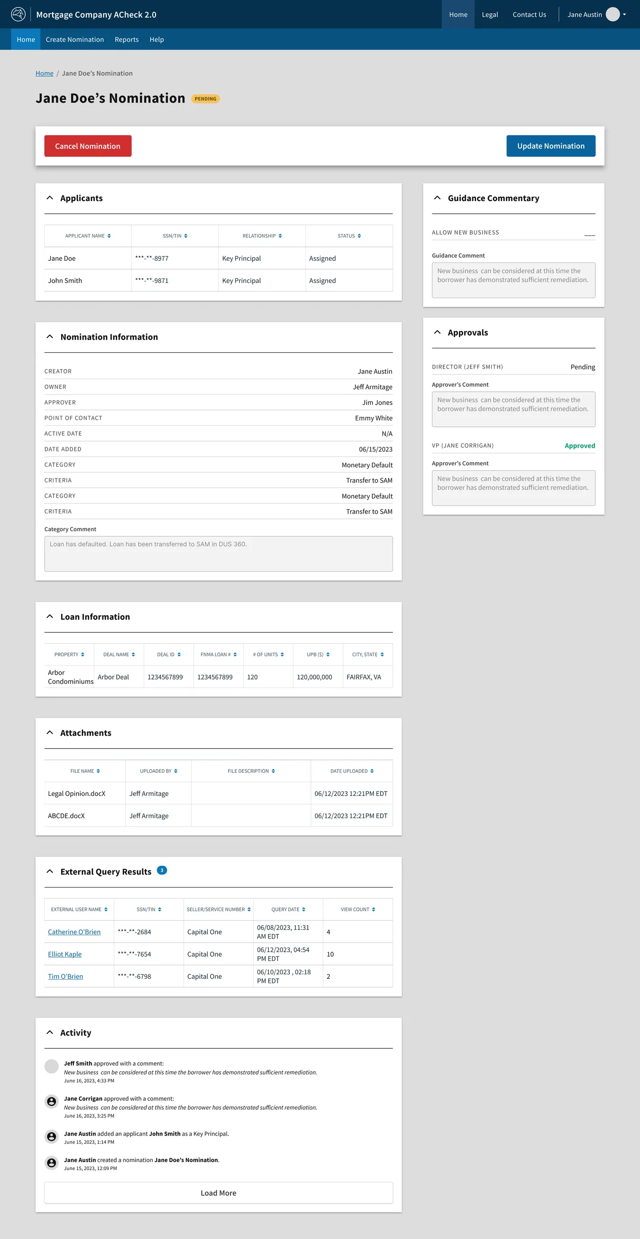 The ACheck nomination detail: query results, activity feed, approvals