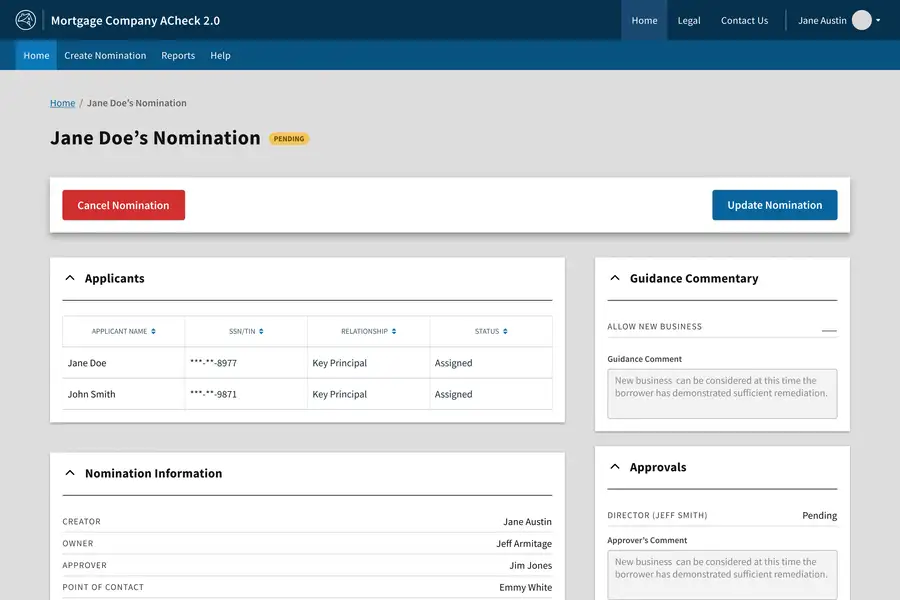 ACheck loan verification app for Fannie Mae, scrolling the nomination detail screen